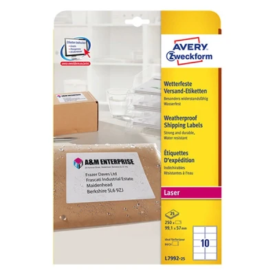 Image de Avery L7992 25 étiquettes d&#039;expédition ultra résistantes A4 99,1 x 57 mm (250 étiquettes) blanc