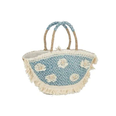 Afbeelding van J Line strandtas Bloemen + Franjes Denim zeegras naturel/blauw