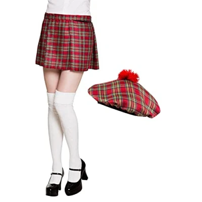 Afbeelding van Boland Schotse set voor dames, geruit, kilt en haarspeld minirok, muts, Schotland, dame, dag, kostuum, carnaval, themafeest, rood