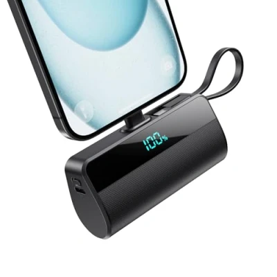 Afbeelding van Externe batterij voor iPhone, 5500 mAh, mini powerbank met geïntegreerde USB C kabel, 20 W, PD, snel opladen, draagbaar, lcd display, compatibel iPhone 16/15/14/13/12/11/X/8/7/6 enz