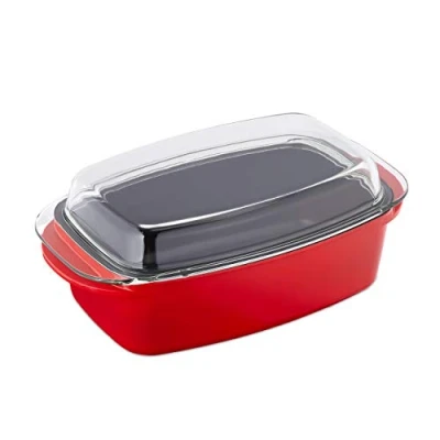 Afbeelding van Relaxdays braadslede met deksel antiaanbaklaag gegoten aluminium &amp; glas vaatwasbestendig braadpan rood