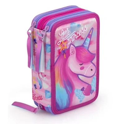 Afbeelding van L&#039;ERBAVOGLIO Origineel etui met 3 ritssluiting en 44 delen, Eenhoorn Little Princess (fuchsia/lila), Pennenhouder voor kinderen