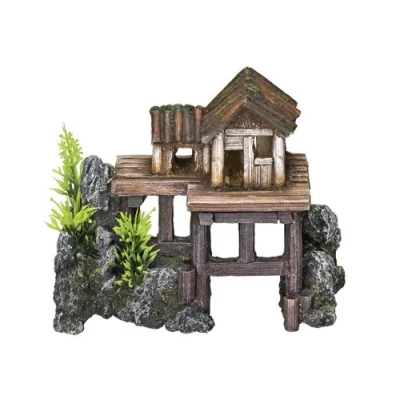 Afbeelding van Nobby aqua deco houten huis met STenen en plantjes bruin, grijs groen 15,5 x 8 12 cm 1 ST
