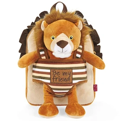 Afbeelding van PERLETTI Kleine rugzak leeuw pluche voor kinderen, meisjes, zoon, 3, 4, 5 jaar, omkeerbare schooltas en afneembaar dierenknuffeldier, kleuterschool, zachte tas, peuters, 22 x 25 3 cm (leeuw),