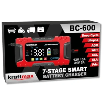 Afbeelding van Kraftmax BC 600 10A 12V/24V autoacculader 7 traps volautomatische acculader met LCD display, voor AGM, natte, gel , loodzuur en LiFePO4 batterijen