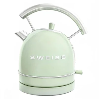 Afbeelding van SWEISS KTL7 Vintage elektrische waterkoker, 1,5 l, compact roestvrij staal, praktisch, 2200 W, snel koken, zichtbaar waterniveau en schaalbaar, automatische uitschakeling, 360 sokkel, groen
