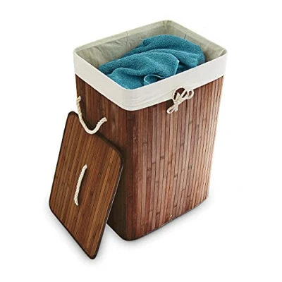 Afbeelding van relaxdays Opvouwbare wasmand Bamboe hout Waszak katoen 3 kleuren 65 cm