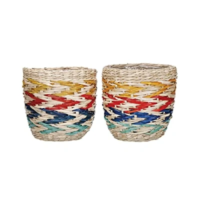 Afbeelding van KitchenCraft Indoor Plantenbak van zeegras set twee geweven plantenpotten met Regenboog Ontwerp 11 x 11cm