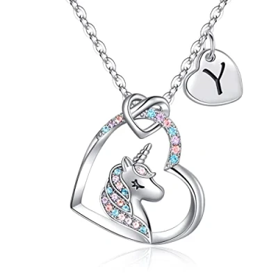 Afbeelding van TINGN Eenhoorn halsketting voor meisjes, 14 karaat witgoud, harthanger, initiaal A Z, eenhoorn, letter, ketting, sieraden dames, Goud, Zirkonia