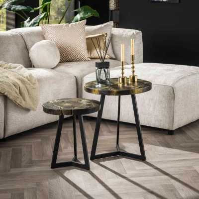 Afbeelding van Maron ronde salontafels zwart/goud set van 2