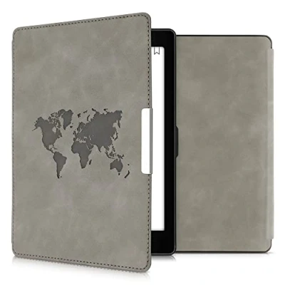 Afbeelding van kwmobile e reader hoesje geschikt voor Kobo Aura ONE hoes Ereader flip case met standaard Kunstleren cover Wereldkaart design in grijs