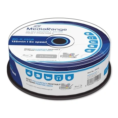Image de MediaRange 25 x BD R Go 6x surface imprimable par jet d&#039;encre spindle