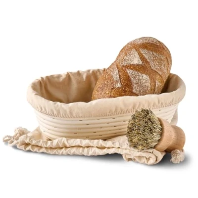Afbeelding van Banneton voor brood, ovaal, van duurzaam rotan, 28 cm, bakkerijset met borstel, linnen stof en broodzak