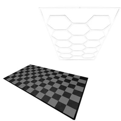 Afbeelding van Modulaire Geventileerde Vloer 60 Zwarte &amp; Grijze Tegels met Randen LED Hexagon Verlichting 14 Witte Lampen 6500K 3 Montageopties, Inclusief Plafondophangset, 3,2m x 6m.