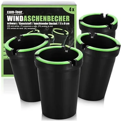 Afbeelding van COM FOUR® 4x asbakken voor buiten windasbakken stormbekers van mesh met lichtgevend deksel auto asbakken, Ø 8 cm (04 stuks zwart)