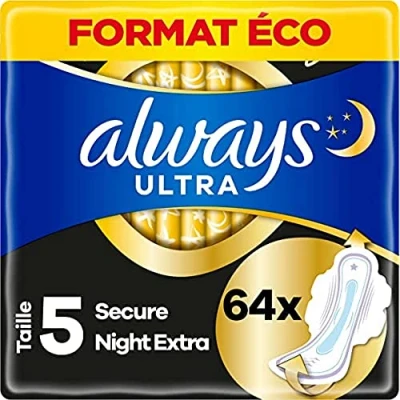 Afbeelding van Always Ultra Secure Night Extra Maat 5 Maandverband Met Vleugels Voordeelbox 64 stuks