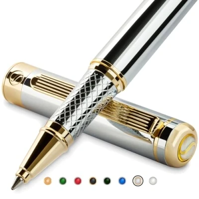 Afbeelding van Luxe Pen van Scriveiner Prachtige Rollerball met 24K Gouden Afwerking, Schmidt Inkt Vulling, Beste Cadeauset voor Man en Vrouw, Professionele Uitvoering (Zilver Chroom)