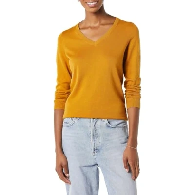 Image de Amazon Essentials Chandail léger à manches longues et col en V pour femme (disponible grande taille), jaune doré foncé, taille S
