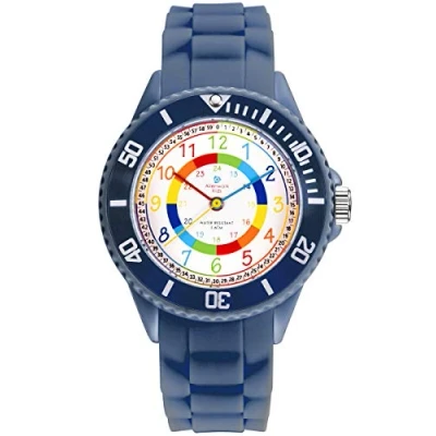 Afbeelding van Alienwork Kinderhorloge van leer, uurwerk voor jongens en meisjes om te leren klokkijken, waterdicht 5 ATM