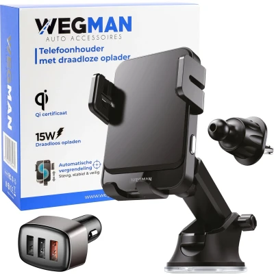 Afbeelding van Wegman Telefoonhouder met QI Draadloze Oplader Auto (15W autolader) Ventilatierooster, Raam,