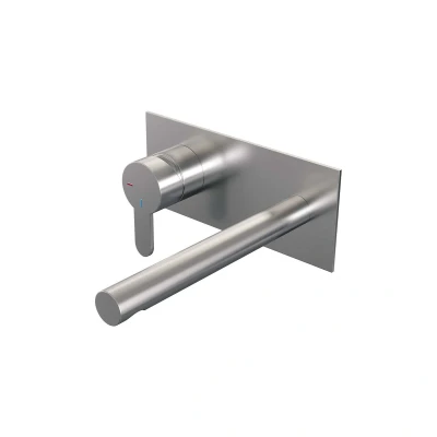 Afbeelding van Brauer Brushed Edition Wastafelmengkraan inbouw rechte uitloop rechts hendel plat smal afdekplaat model D2 PVD geborsteld RVS