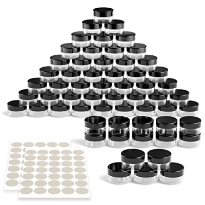 Afbeelding van Newaner 60 stuks lege blikjes van 10 g, transparant, ml, met schroefsluiting, stickers, ideaal voor make up, crèmes, lotions, mini kaarsen (zwart)