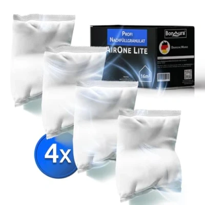 Afbeelding van BonAura® AirOne Lite Set van 4 navulverpakkingen voor luchtontvochtiger, 450 g granulaat, navulverpakking badkamer en keuken, bescherming tegen schimmel geuren
