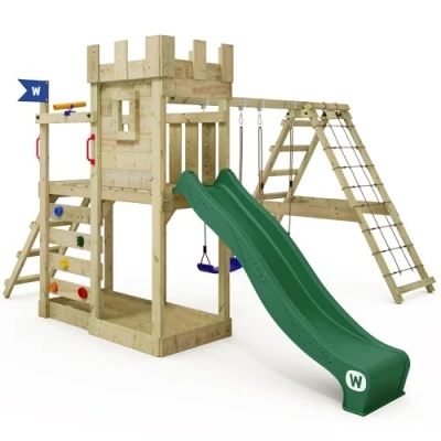 Afbeelding van WICKEY GateFlyer speeltoren, ridderslot met schommel en groene glijbaan, klimtoren voor kinderen zandbak, ladder speelaccessoires de tuin