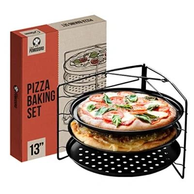 Afbeelding van pizzaplaat ronde set van 3 niet klevende geperforeerde koolstofstalen pizzapan, (33 cm)