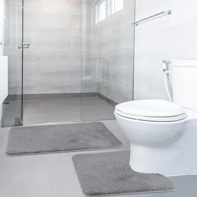 Afbeelding van SOANNY Set van 2 antislip badmatten, luxe dikke microvezel, shaggy, douchemat, 50 x 80 cm en voetmat voor toilet, cm, machinewasbaar, absorberend, grijs