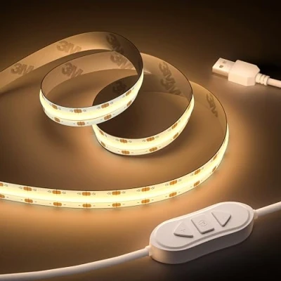 Afbeelding van OULARA Ledstrip, COB, USB, 5 V, warmwit, 2700 K, 3 m, dimbaar, 960 leds, COB led, flexibele lichtstrip met geheugenfunctie voor tv achtergrondverlichting, slaapkamer, spiegel