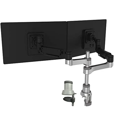 Afbeelding van R Go Tools Caparo Dubbele Monitorarm, Verstellbaar met gasveer, 100% Circulaire, C klem bureaubevestiging, 9 kg draagkracht, Aluminium, Matt Zwart