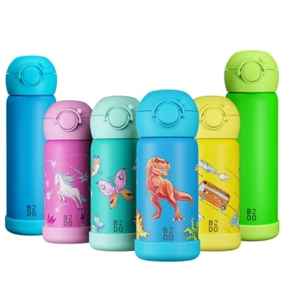 Afbeelding van B2DO Isotherme 316 drinkfles voor kinderen, 350 ml, dinosaurus, blauw, lekvrije en geïsoleerde thermosfles school, BPA vrije met rietje kinderen