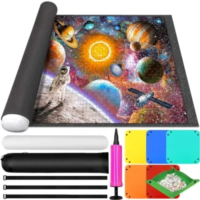 Afbeelding van GUHAOOL Puzzelmat, viltrol voor maximaal 1000, 1500, 2000, 3000 stukjes, puzzelopbergmat, puzzel rolmat, opvouwbare puzzelmat met 6 puzzelsorteerders