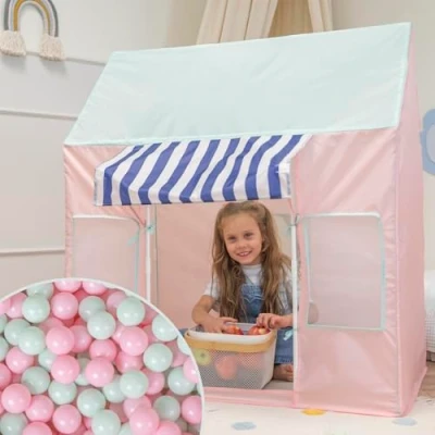 Afbeelding van Selonis Kindertent Speelhuisje Met 300 Ballen Opvouwbaar IJssalon Voor Kinderen Speeltent Gemakkelijk Op Tezetten Stimuleert Verbeelding En Creativiteit Ideaal Binnen Buiten, Roze Mint:Wit/Geel/Babyblauw/Poederroze/Turquoise