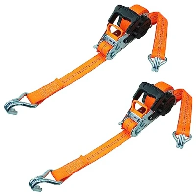 Afbeelding van PETEX Set van 2 zelfoprolbare ratelspanbanden, 1 stuk, 5 m x 35 mm, 1000/2000 daN, tot 2000 kg, oranje, dubbele puntige haak