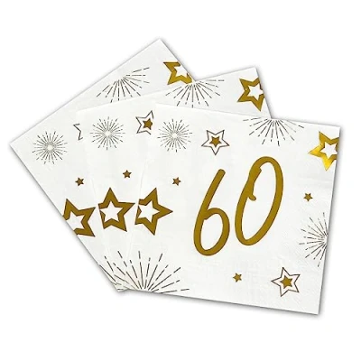 Afbeelding van Tralala Fêtes® Set van 16 servetten voor de 60e verjaardag wegwerpservetten papier, 3 laags, feestelijke decoratie, wit en goud (goud), 33 x cm opengeklapt (60 jaar)