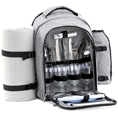 Afbeelding van CampFeuer 32 delige picknickrugzak, picknickset voor 4 personen, met flessenhouder, picknickdeken, koelvak en campingservies, grijs