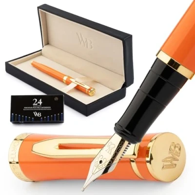 Afbeelding van Wordsworth &amp; Black Vulpenset, medium gouden punt 18 karaat, bevat 24 inktpatronen, inktvulconverter en geschenkdoos, afwerking, kalligrafie, oranje,