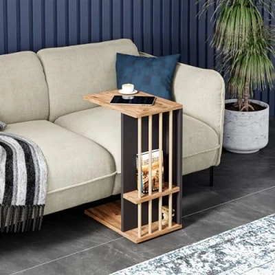 Afbeelding van Bijzettafel Siikainen laptoptafel op wielen 44x29x65 cm houtkleurig en zwart