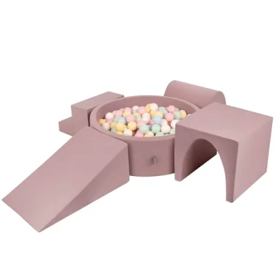 Afbeelding van KiddyMoon Speelgoed van schuim met rond ballenbad (200 ballen), ballenbak voor kinderen, speelgoed, hindernisbaan, heide: pastelblauw/geel/wit/munt/poederroze