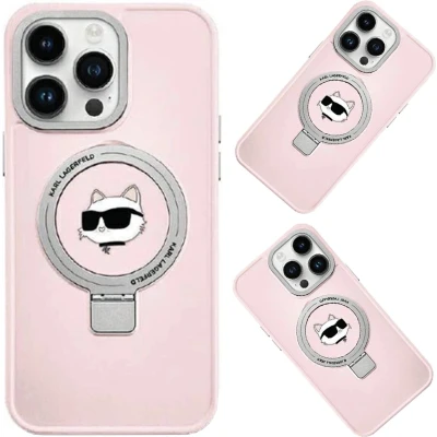 Afbeelding van Karl Lagerfeld Ring Stand Choupette Head MagSafe hoesje voor iPhone 15 Pro Max roze