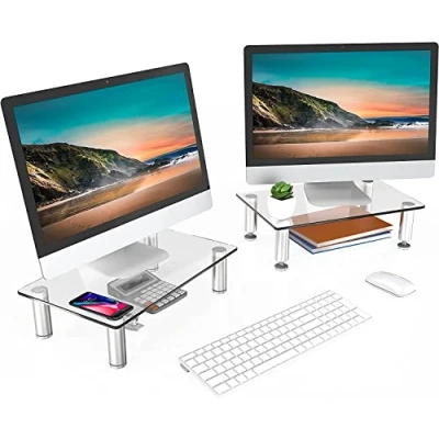 Afbeelding van FFITUEYES 2 glazen schermverhogers, monitorhouder, laptophouder, pc, tv, voor kantoor en thuis, 38,5 x 24 7,5 cm