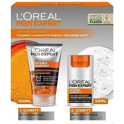 Image de L&#039;Oréal Men Expert Kit de soin anti fatigue pour homme avec gel nettoyant et crème 24H vitamine C, Hydra Energy, 1 x 100 ml, 50 ml