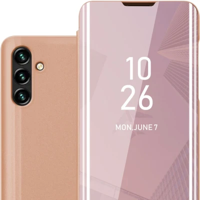 Afbeelding van Cadorabo Hoesje geschikt voor Samsung Galaxy A13 5G in KUNZIET ROZE Clear View Spiegel Beschermende Case met Tribunefunctie 360 Graden Bescherming Book Cover Etui