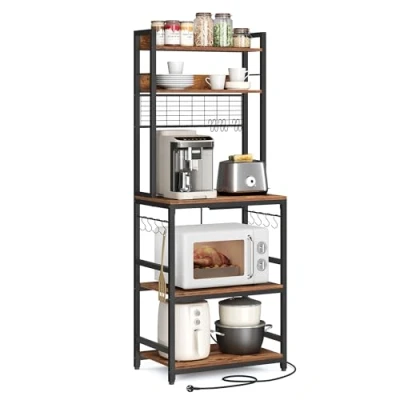 Afbeelding van VASAGLE KKS037B01EU Keukenrek met stopcontacten, magnetronrek roosterplaat, 14 haken (40 x 60 170 cm, vintage bruin/zwart)