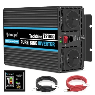 Afbeelding van novopal® spanningsomvormer 12V naar 230V 1000W/2000W zuivere sinus omvormer converter met 2 EU stopcontact en 2.4A USB