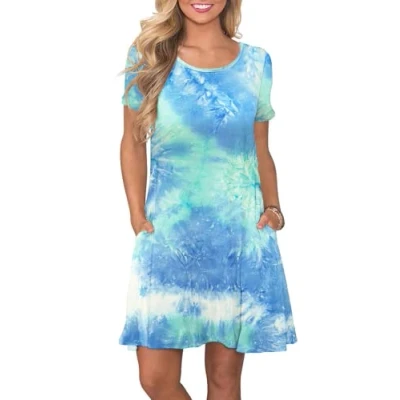 Afbeelding van AUSELILY Zomerjurk met A lijn voor dames, casual T shirtjurk korte mouwen en zakken, Geverfd in blauw, groen, wit