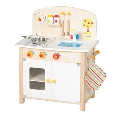 Afbeelding van roba Kinderkeuken van hout met kookplaat + gootsteen en accessoires metaal vanaf 3 jaar natuur/wit