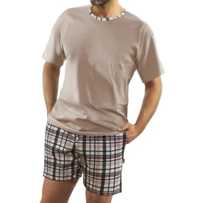 Afbeelding van Sesto Senso Pyjama voor heren, kort, katoen, T shirt, shorts, korte mouwen, zomer, shirt Bbeige Dark Latte met geruite details; broek geruit, XXL